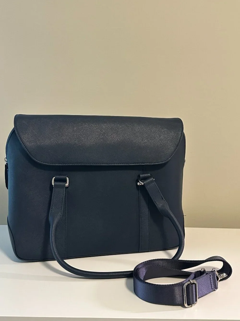 Samsonite Navy Saffiano Leather Satchel Crossbody Bag Silver Hardware